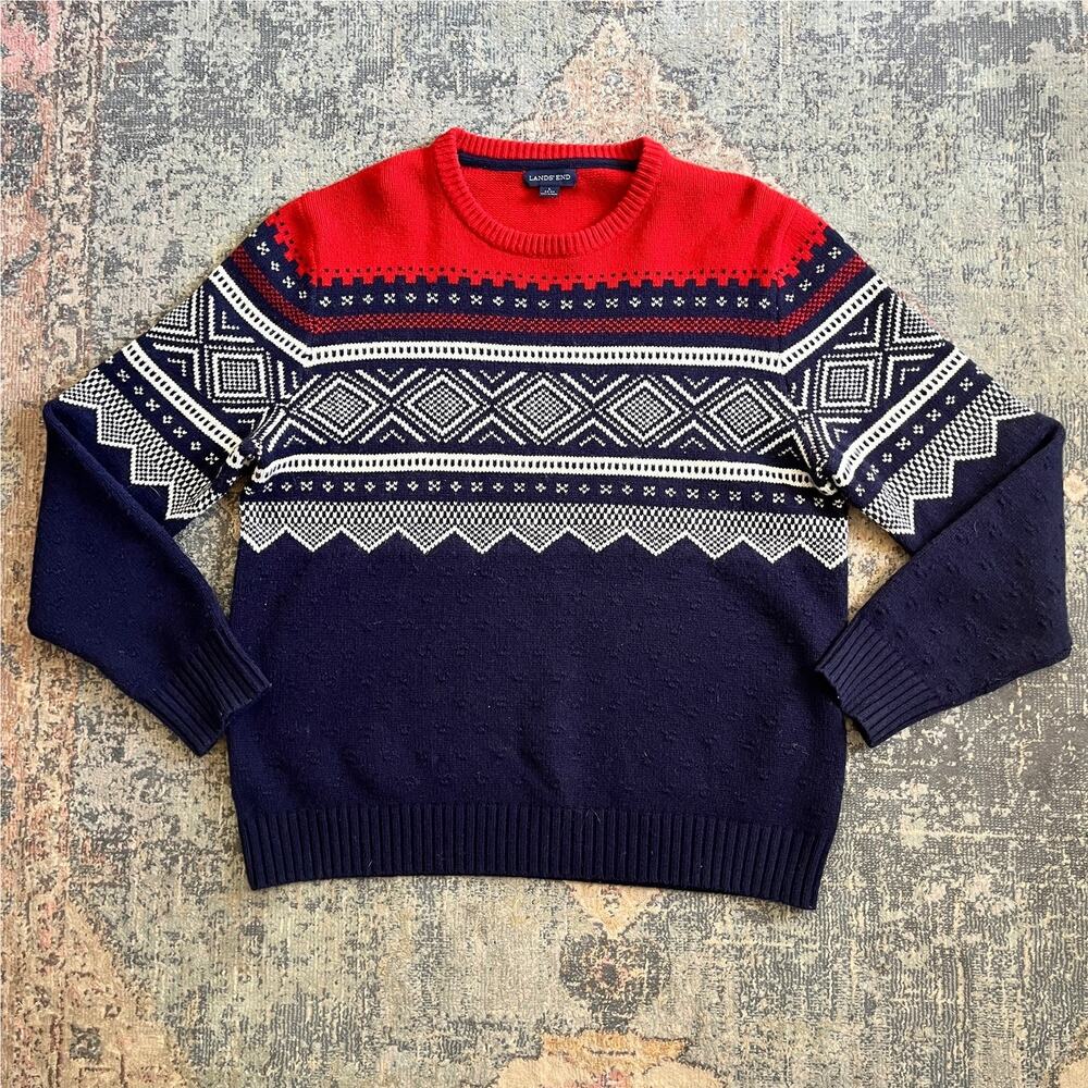 Land's End Men's L 100% Wool Sweater Fair Isle Nordic Print Red Blue White
